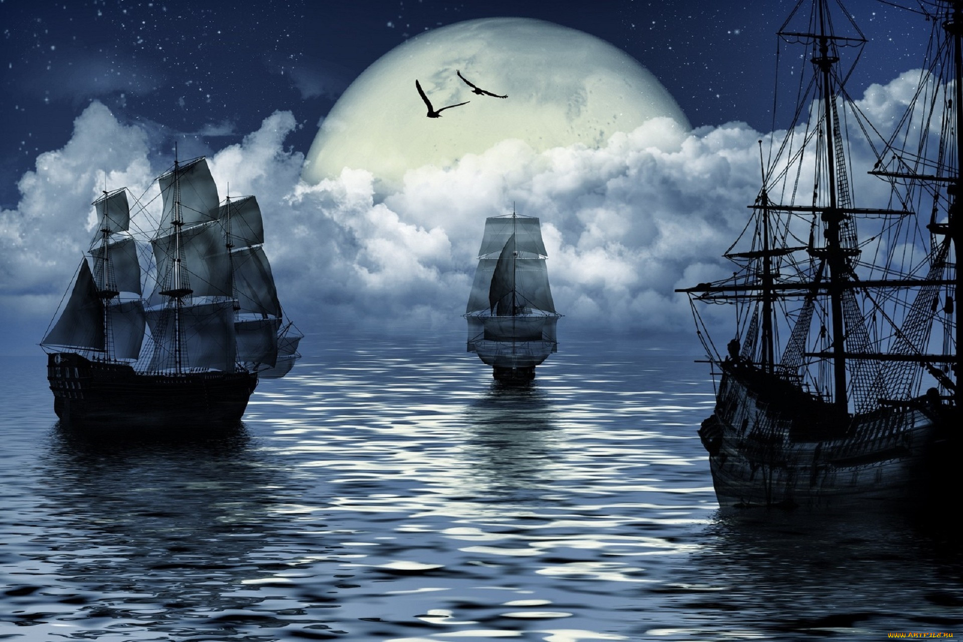 , 3d, moon, sea, , , , , , , sailing, ship